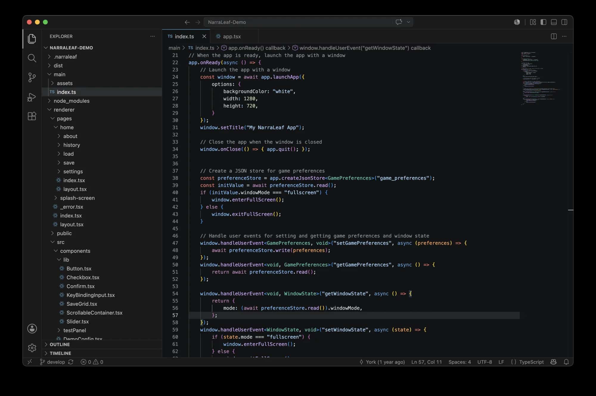VS Code window with a NarraLeaf Desktop project entry file open
