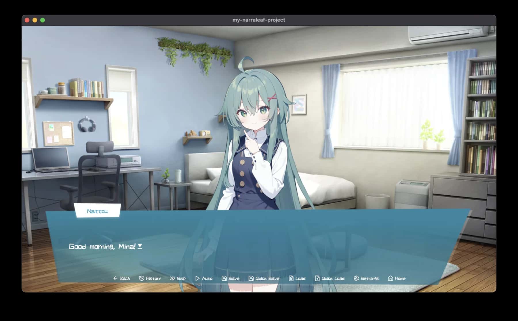 NarraLeaf Desktop visual novel demo with a dialogue UI open