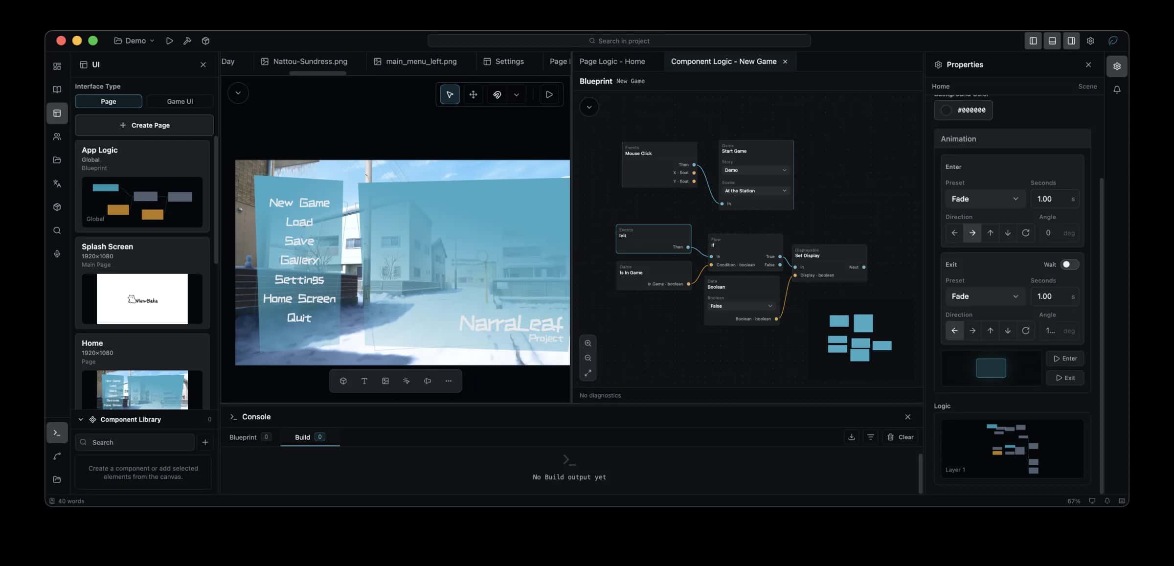 NarraLeaf Studio workspace with a visual novel project open