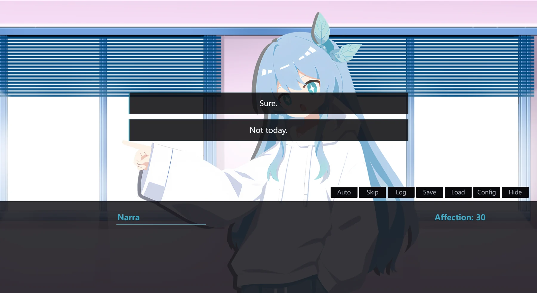 Dev Mode showing the two options after Narra's question, with Affection: 30 on the right of the dialogue box