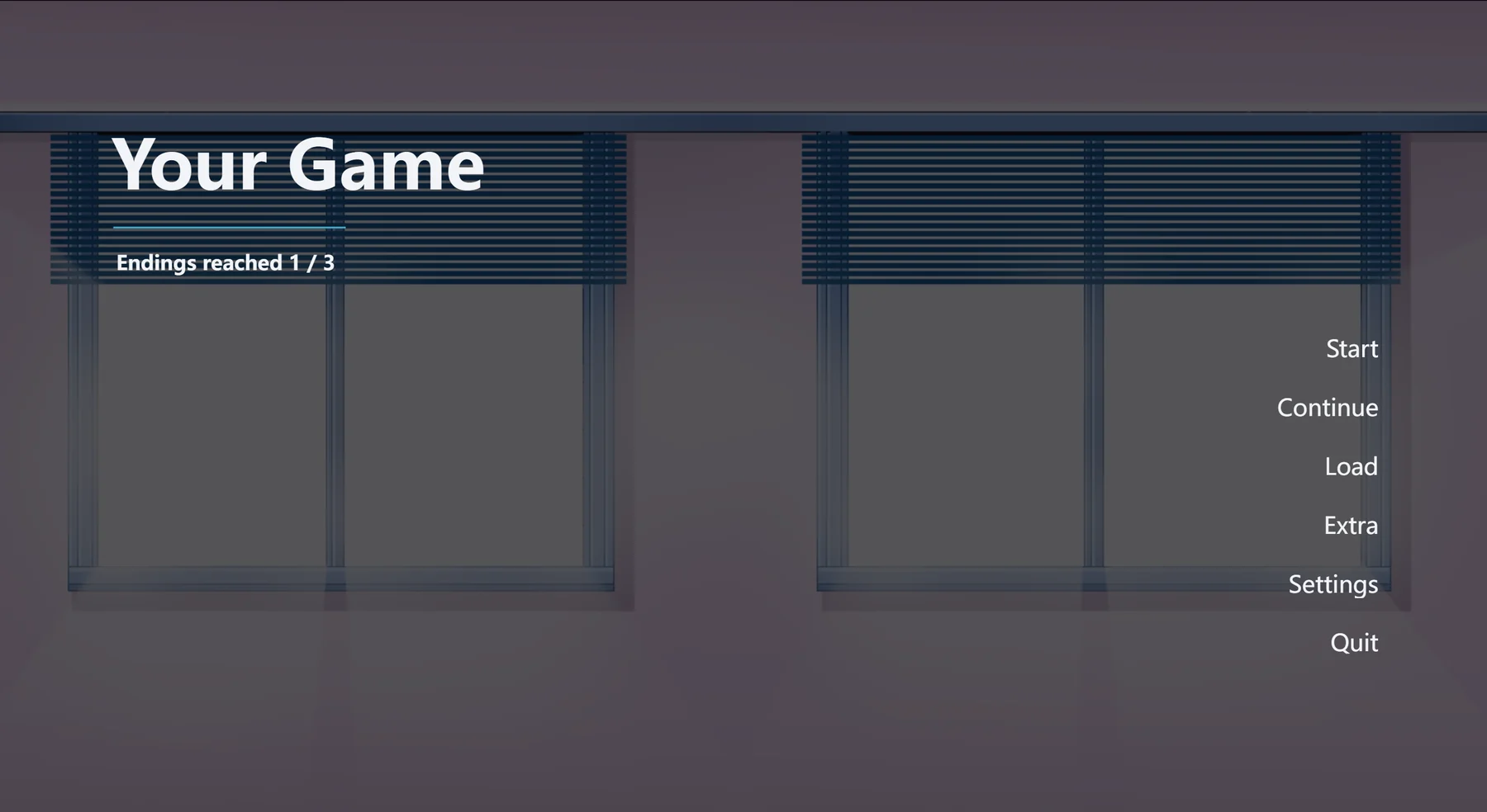 The title page in Dev Mode, with Endings reached 1 / 3 below the game title