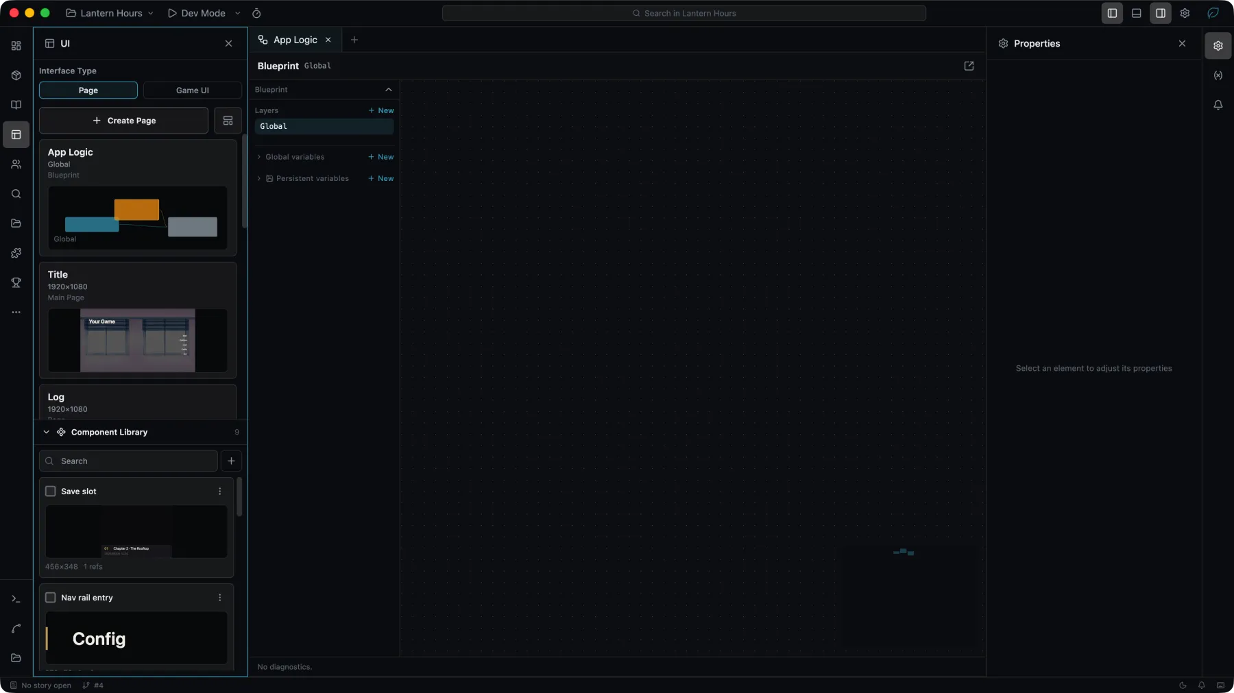The global blueprint open in the editor: two nodes joined by an edge, with the graph's layers and variables listed beside it