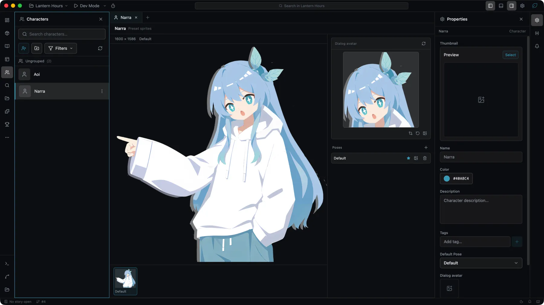 エディタで開いたキャラクター。スプライト、ダイアログアバター、ポーズの一覧、プロパティ