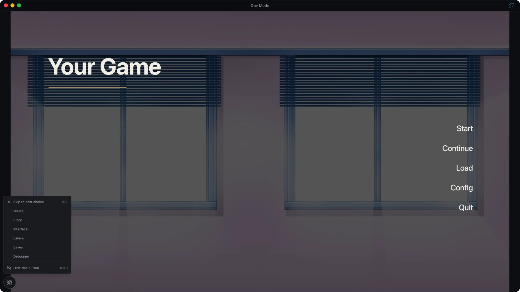 The Dev Mode window running the game, with the debug menu open over it