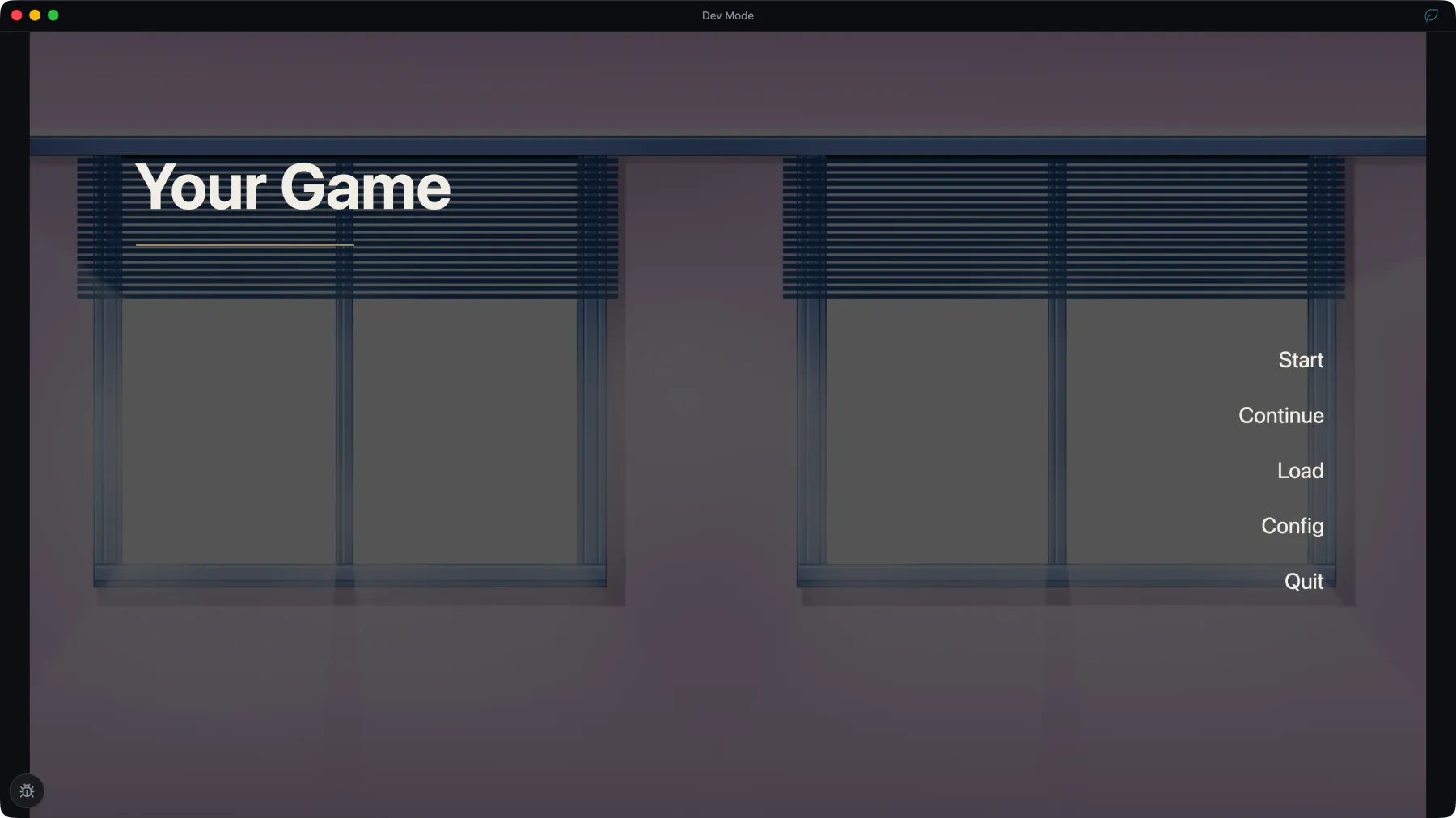 Dev Mode running the project's title screen in a separate window