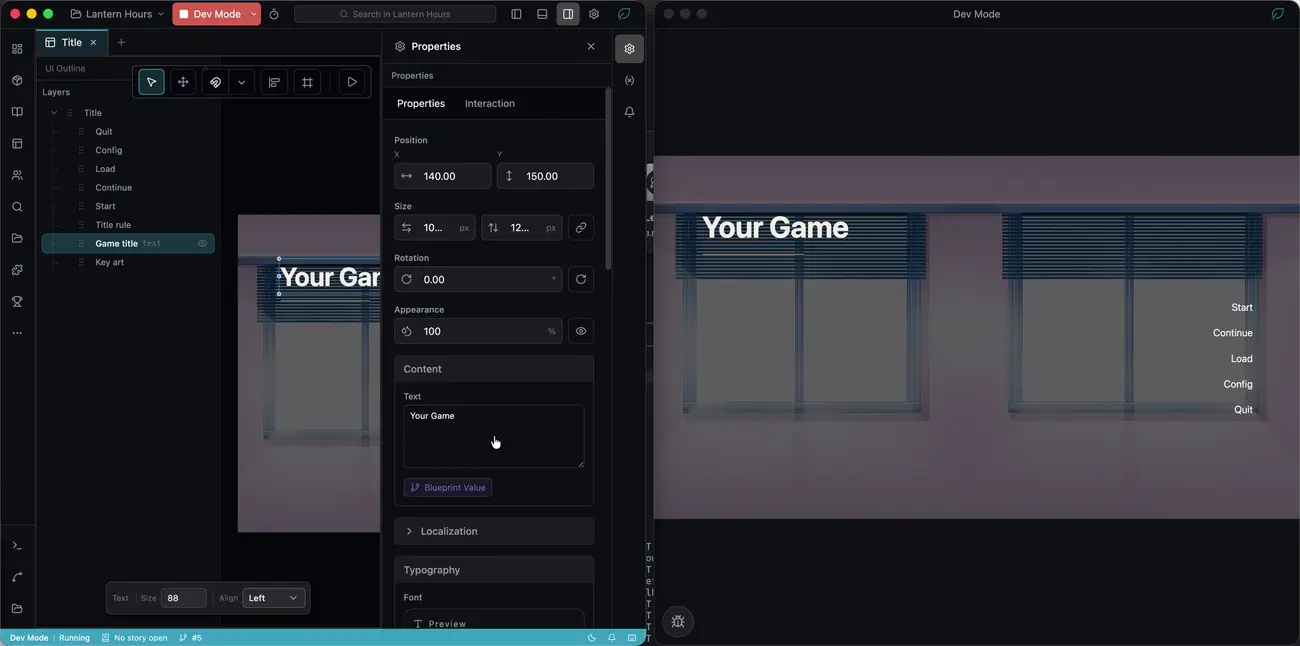 Editing the title text in the editor, then reloading the Dev Mode window so the running game shows the change