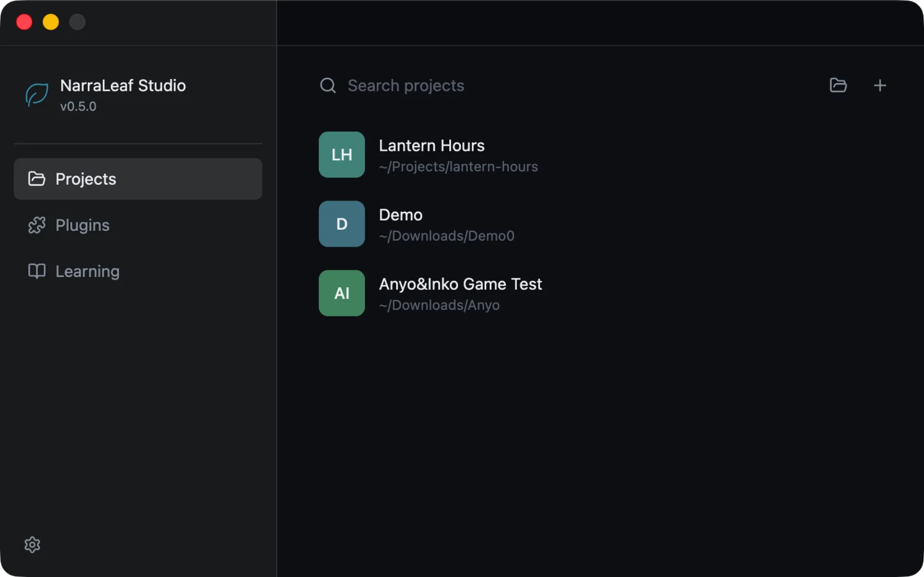 The launcher after installation, with Projects, Plugins, and Learning in the sidebar