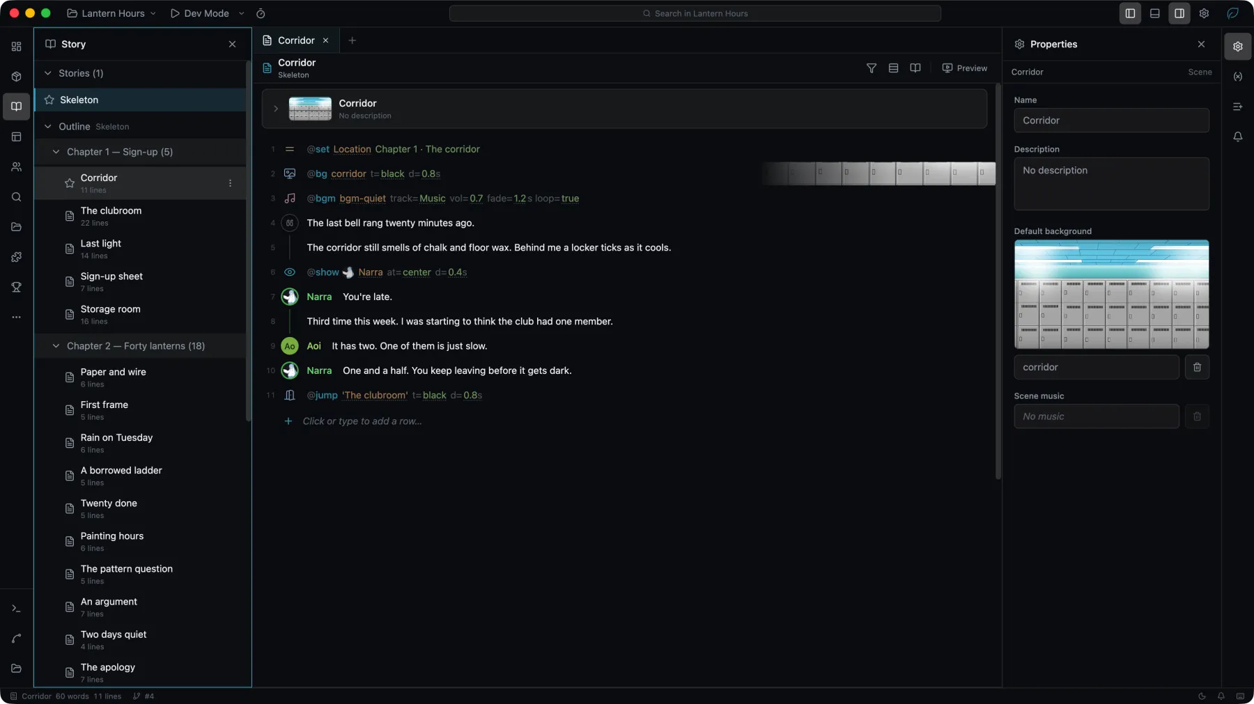 The Studio workspace: activity bar, Story panel, an open scene, and the Properties panel